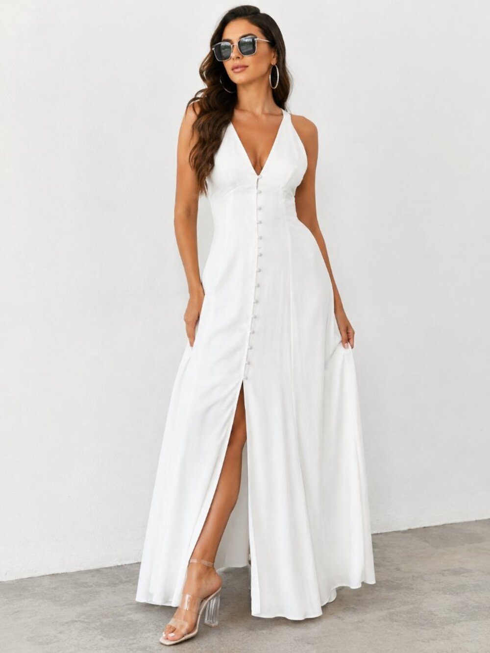 Off White Resort Button Front Open Back Maxi Dress NWT